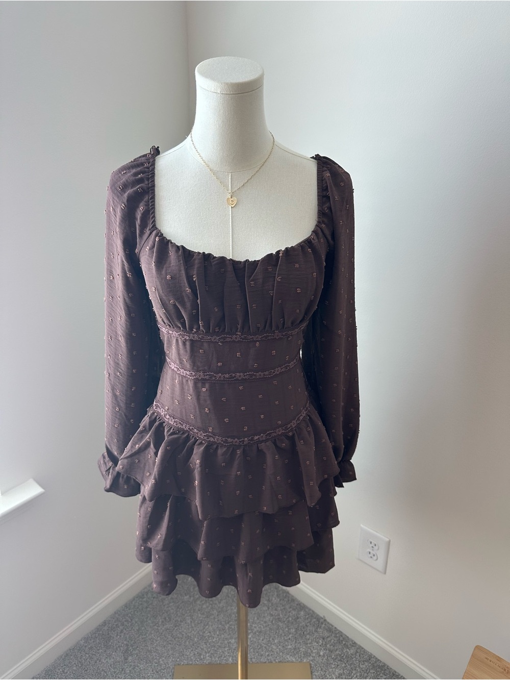 Smocked Waist Tiered Mini Dress in Chocolate Brown